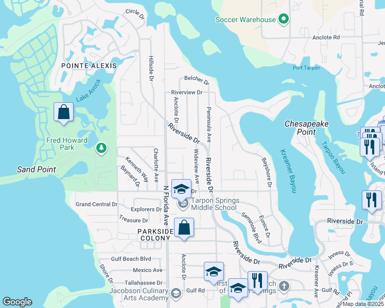 map of restaurants, bars, coffee shops, grocery stores, and more near 703 Wideview Avenue in Tarpon Springs