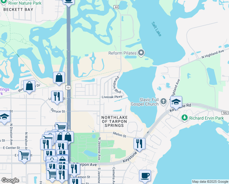 map of restaurants, bars, coffee shops, grocery stores, and more near 1303 Travis Court in Tarpon Springs