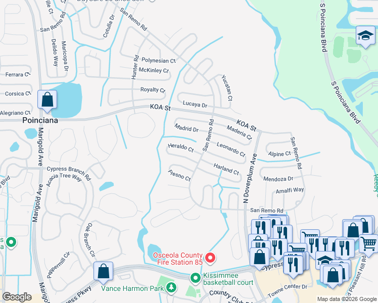 map of restaurants, bars, coffee shops, grocery stores, and more near 615 Heraldo Court in Kissimmee