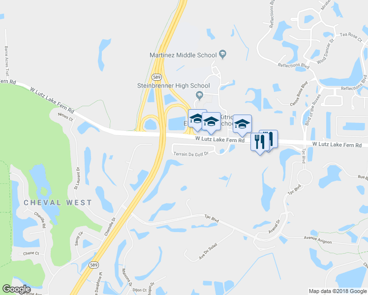 map of restaurants, bars, coffee shops, grocery stores, and more near 5534 Terrain De Golf Drive in Lutz