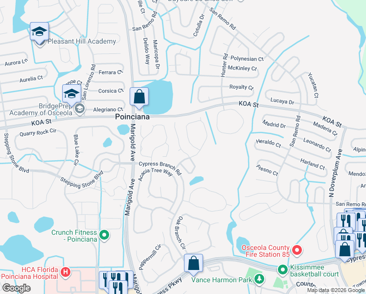 map of restaurants, bars, coffee shops, grocery stores, and more near 4411 Canopy Court in Kissimmee