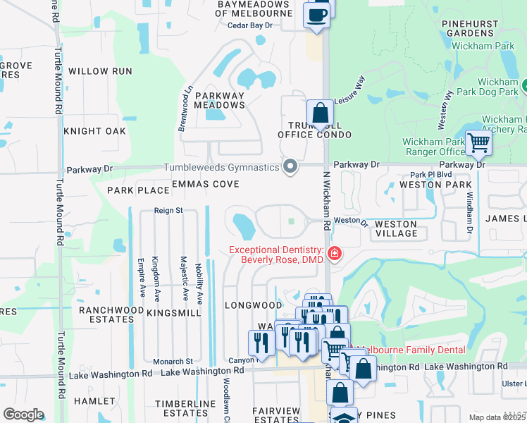 map of restaurants, bars, coffee shops, grocery stores, and more near 2880 North Wickham Road in Melbourne