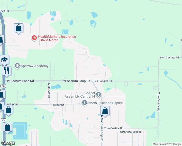 map of restaurants, bars, coffee shops, grocery stores, and more near 8518 Plantation Ridge Boulevard in Lakeland