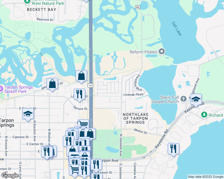 map of restaurants, bars, coffee shops, grocery stores, and more near 834 Mallard Lane in Tarpon Springs