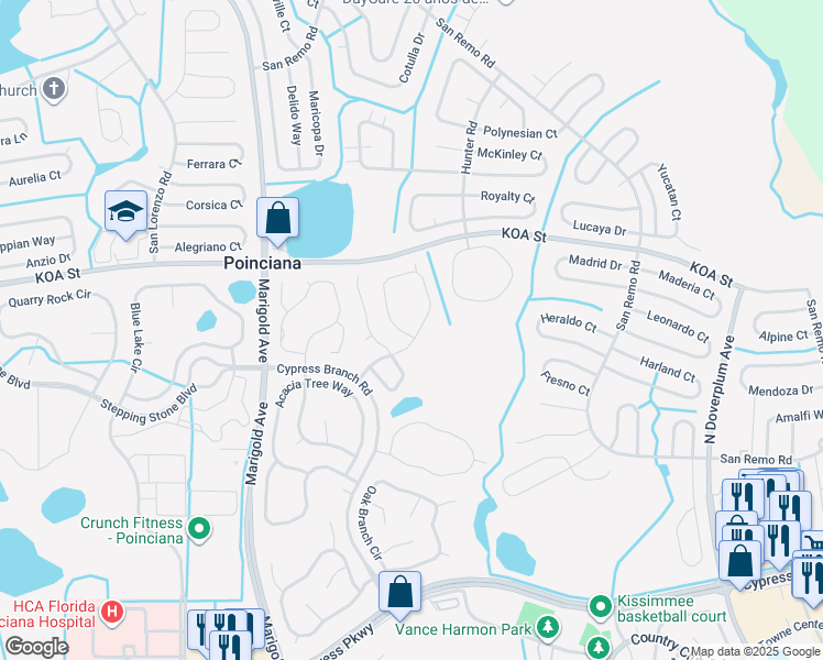 map of restaurants, bars, coffee shops, grocery stores, and more near 4515 Ficus Tree Road in Kissimmee
