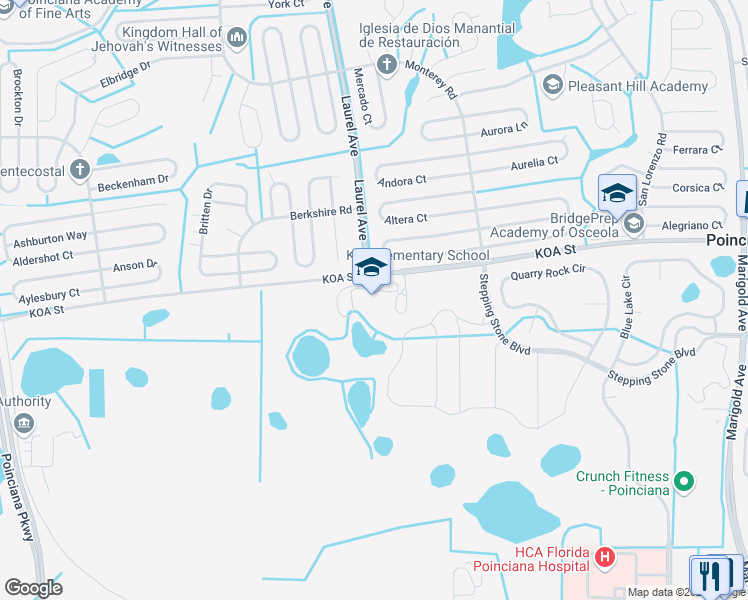 map of restaurants, bars, coffee shops, grocery stores, and more near Laurel Avenue in Poinciana