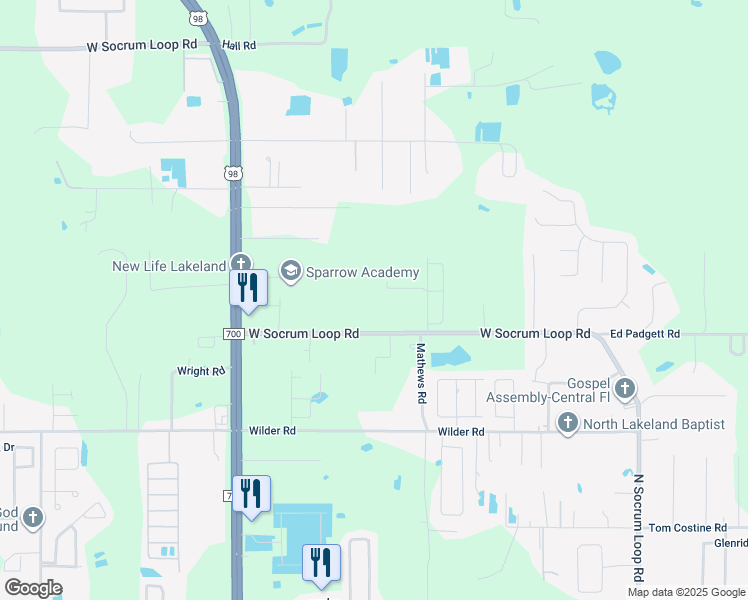 map of restaurants, bars, coffee shops, grocery stores, and more near 721 West Socrum Loop Road in Lakeland