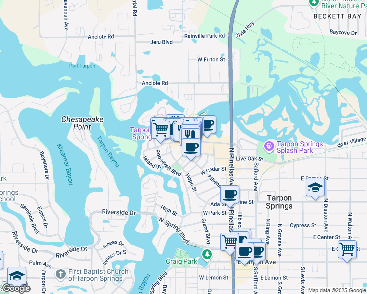 map of restaurants, bars, coffee shops, grocery stores, and more near 735 Dodecanese Boulevard in Tarpon Springs