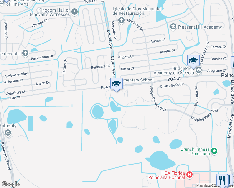 map of restaurants, bars, coffee shops, grocery stores, and more near 5000 Koa Street in Kissimmee