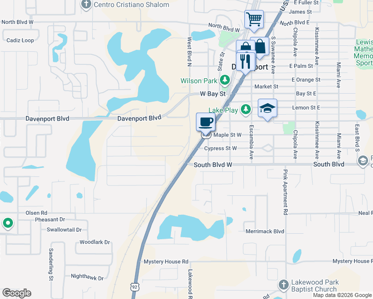 map of restaurants, bars, coffee shops, grocery stores, and more near West Boulevard in Davenport