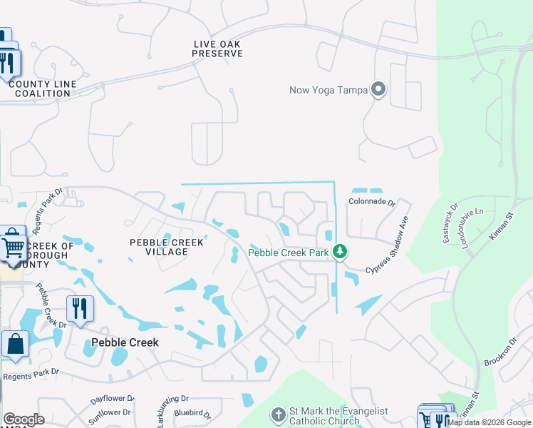 map of restaurants, bars, coffee shops, grocery stores, and more near 18504 Otterwood Avenue in Tampa
