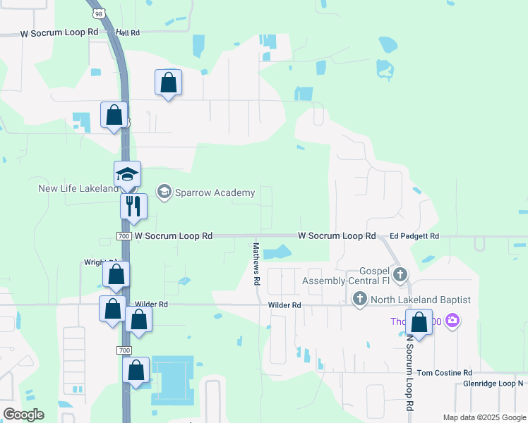 map of restaurants, bars, coffee shops, grocery stores, and more near 8535 Mathews Road in Lakeland