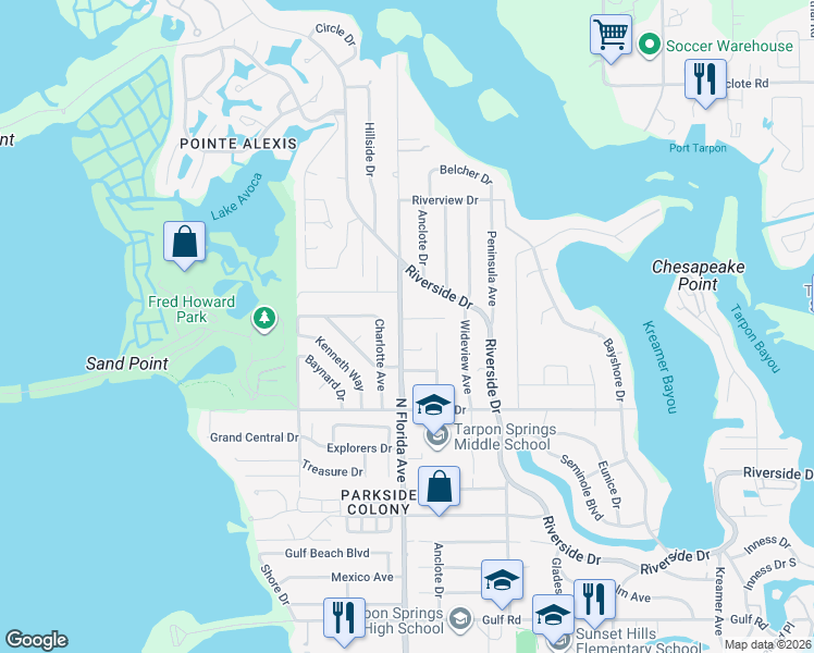 map of restaurants, bars, coffee shops, grocery stores, and more near 712 Charlotte Avenue in Tarpon Springs