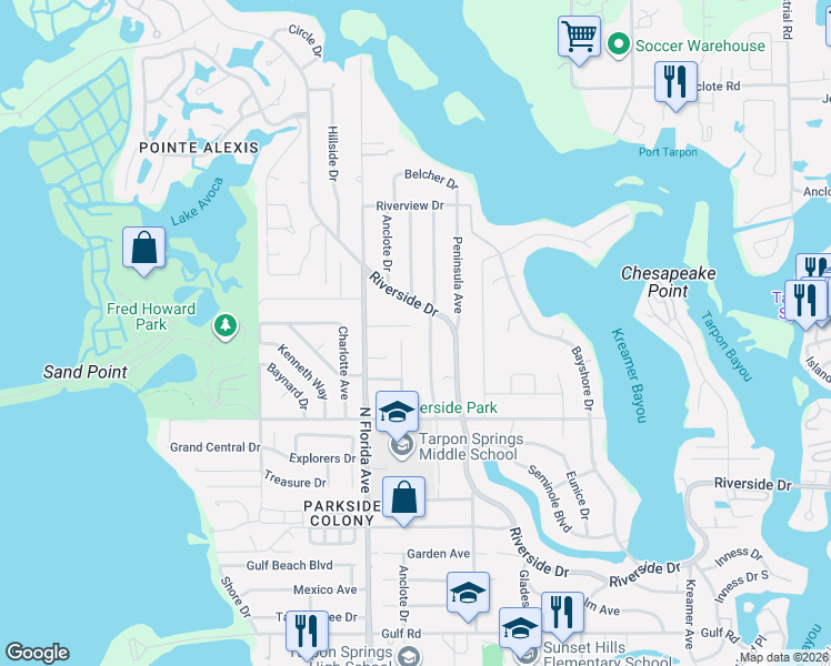 map of restaurants, bars, coffee shops, grocery stores, and more near 703 Wideview Avenue in Tarpon Springs