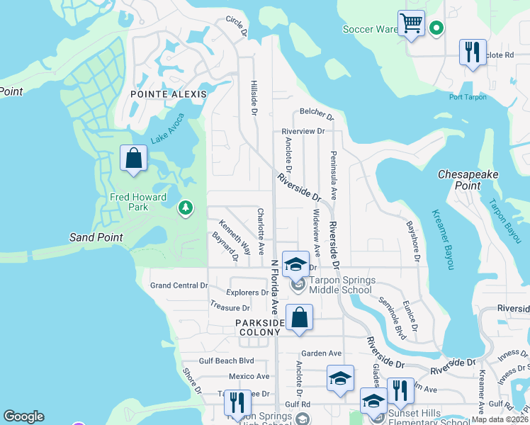 map of restaurants, bars, coffee shops, grocery stores, and more near 712 Charlotte Avenue in Tarpon Springs