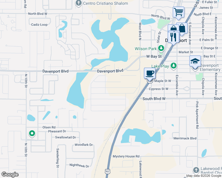 map of restaurants, bars, coffee shops, grocery stores, and more near 535 Davenport Boulevard in Davenport