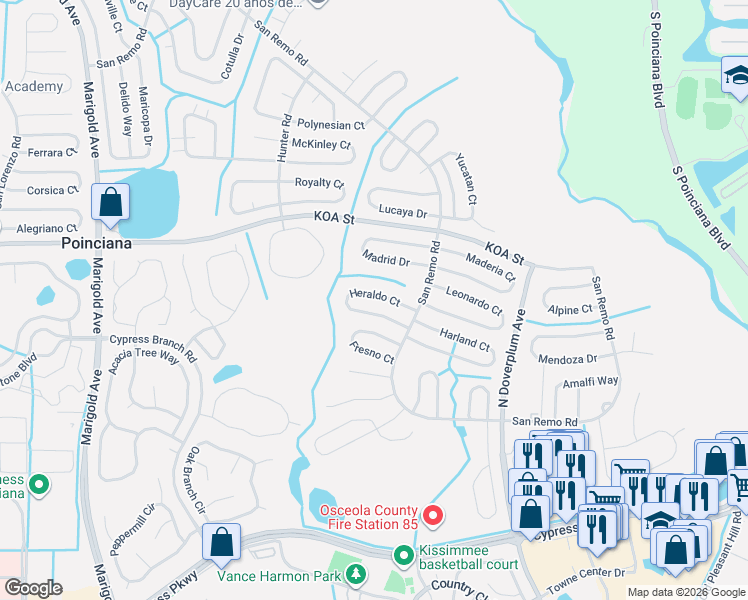 map of restaurants, bars, coffee shops, grocery stores, and more near 615 Heraldo Court in Kissimmee