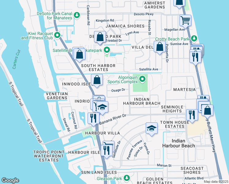 map of restaurants, bars, coffee shops, grocery stores, and more near 215 Osage Drive in Satellite Beach