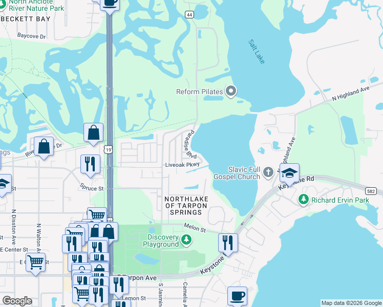 map of restaurants, bars, coffee shops, grocery stores, and more near 1303 Travis Court in Tarpon Springs