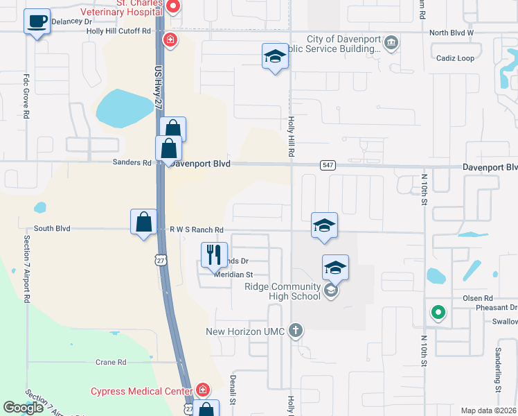 map of restaurants, bars, coffee shops, grocery stores, and more near 157 Ludisia Loop in Davenport
