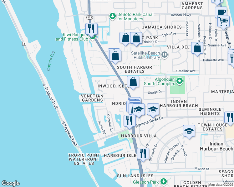 map of restaurants, bars, coffee shops, grocery stores, and more near 65 Venetian Way in Indian Harbour Beach