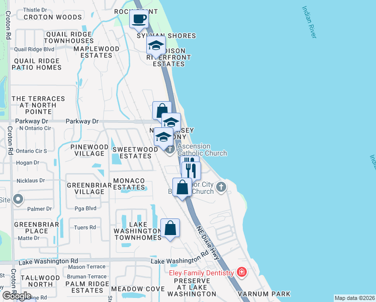 map of restaurants, bars, coffee shops, grocery stores, and more near 2960 Pineapple Avenue in Melbourne