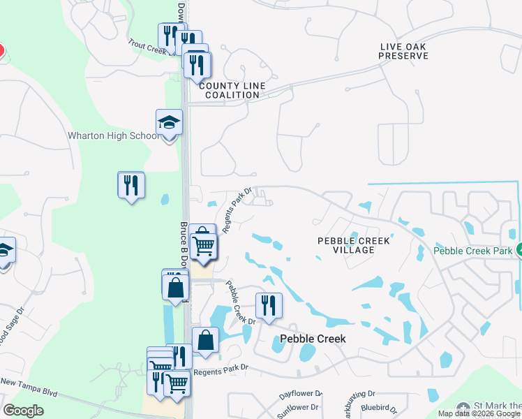 map of restaurants, bars, coffee shops, grocery stores, and more near 18928 Pebble Links Circle in Tampa