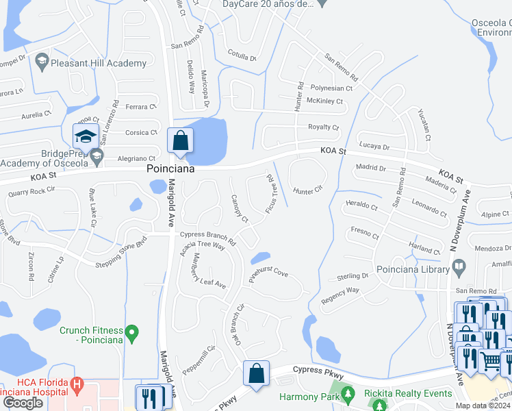 map of restaurants, bars, coffee shops, grocery stores, and more near 4573 Ficus Tree Road in Kissimmee