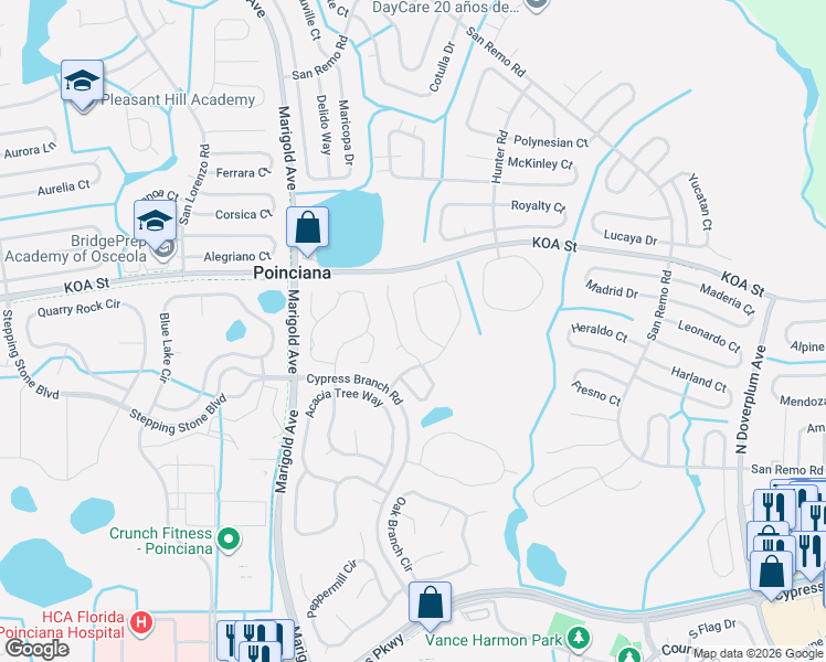 map of restaurants, bars, coffee shops, grocery stores, and more near 4411 Canopy Court in Kissimmee