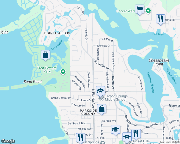 map of restaurants, bars, coffee shops, grocery stores, and more near 712 Charlotte Avenue in Tarpon Springs
