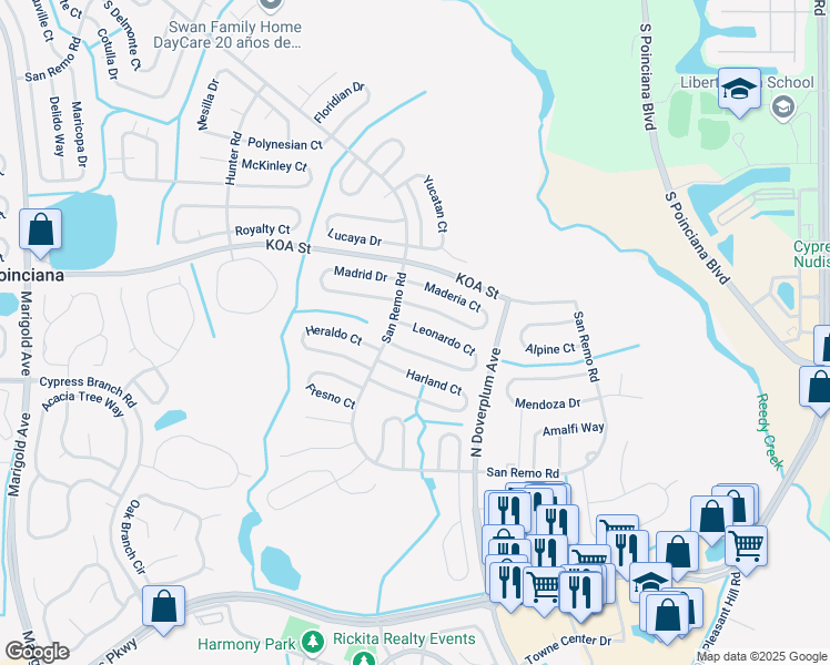 map of restaurants, bars, coffee shops, grocery stores, and more near 763 Leonardo Court in Kissimmee