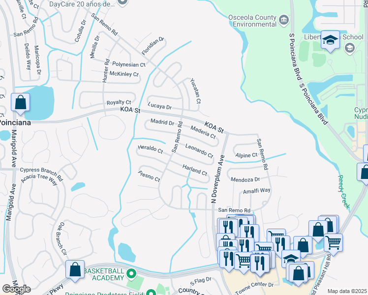 map of restaurants, bars, coffee shops, grocery stores, and more near 765 Leonardo Court in Kissimmee