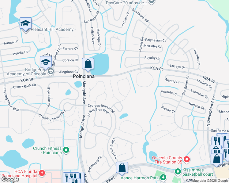 map of restaurants, bars, coffee shops, grocery stores, and more near 4411 Canopy Court in Kissimmee