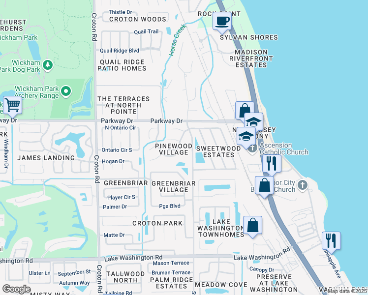 map of restaurants, bars, coffee shops, grocery stores, and more near 2975 Thrush Drive in Melbourne