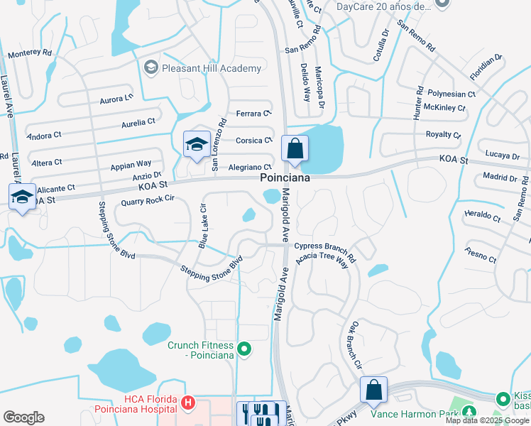 map of restaurants, bars, coffee shops, grocery stores, and more near 389 Blue Lake Circle in Kissimmee