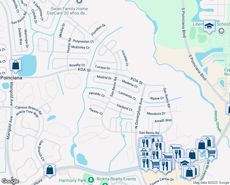 map of restaurants, bars, coffee shops, grocery stores, and more near 769 Leonardo Court in Kissimmee