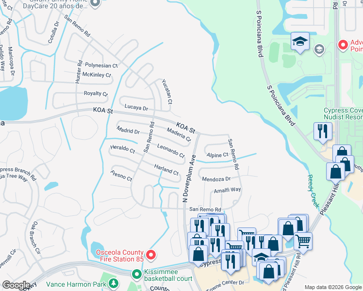 map of restaurants, bars, coffee shops, grocery stores, and more near 751 Leonardo Court in Kissimmee