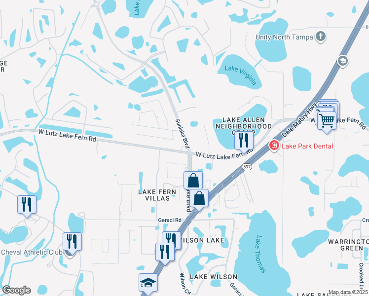 map of restaurants, bars, coffee shops, grocery stores, and more near 3109 West Lutz Lake Fern Road in Lutz