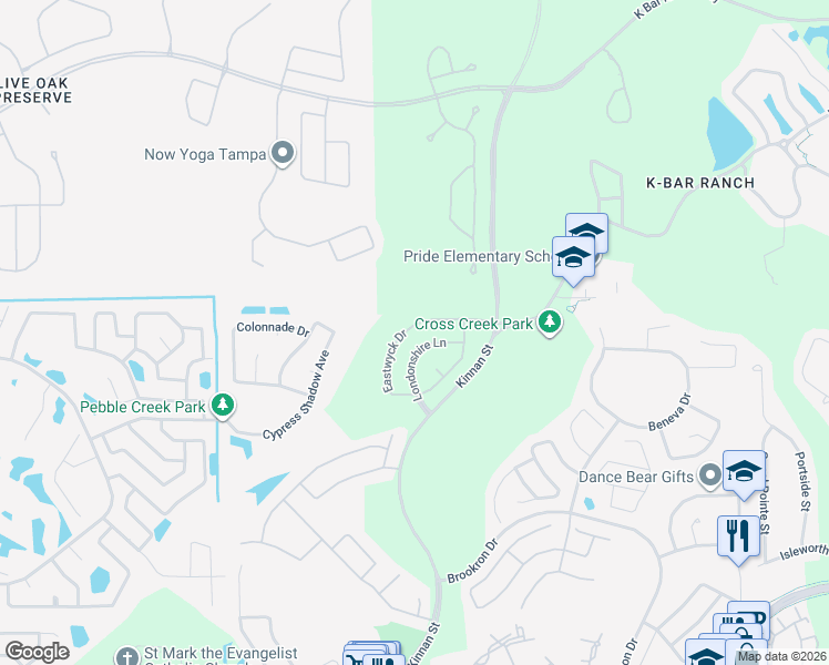 map of restaurants, bars, coffee shops, grocery stores, and more near 18431 Eastwyck Drive in Tampa