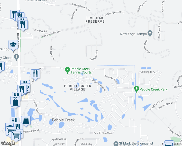 map of restaurants, bars, coffee shops, grocery stores, and more near 9610 Fox Hearst Road in Tampa