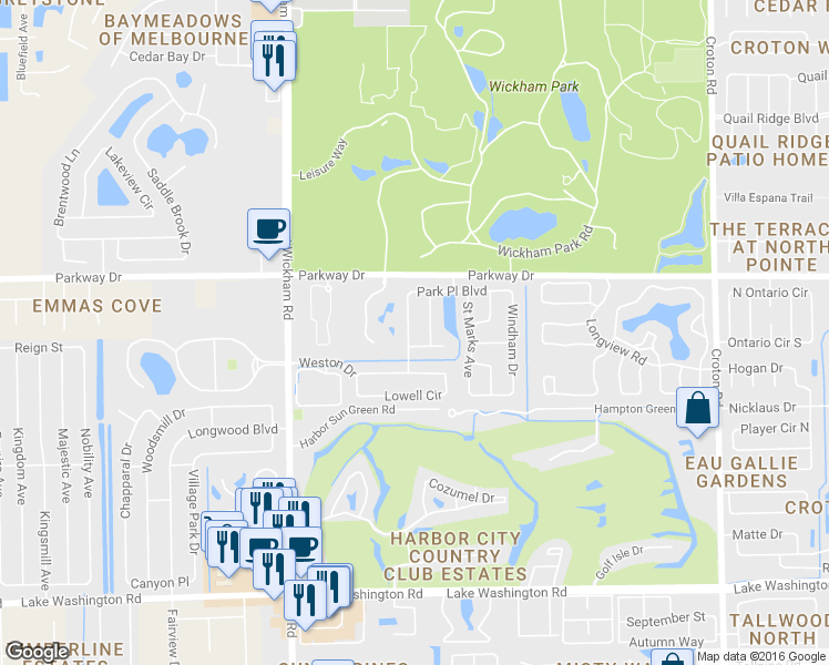map of restaurants, bars, coffee shops, grocery stores, and more near 2705 Park Place Boulevard in Melbourne