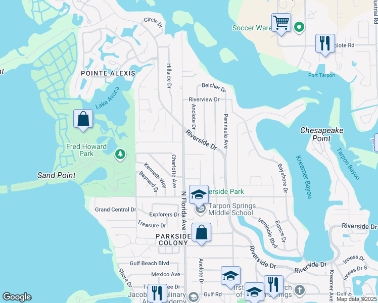 map of restaurants, bars, coffee shops, grocery stores, and more near 1575 River Court in Tarpon Springs