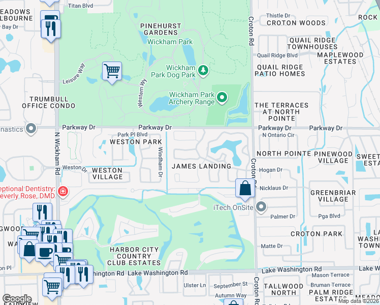 map of restaurants, bars, coffee shops, grocery stores, and more near 2492 Coral Ridge Circle in Melbourne