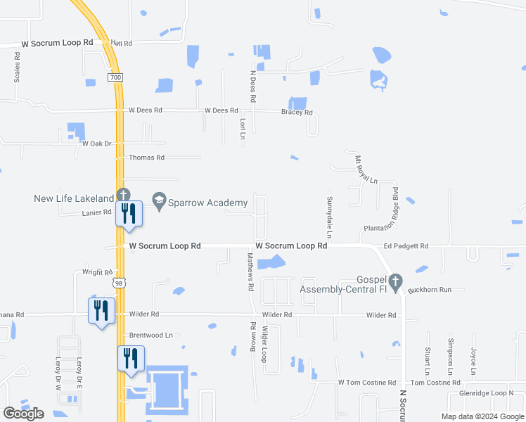 map of restaurants, bars, coffee shops, grocery stores, and more near 8535 Mathews Road in Lakeland