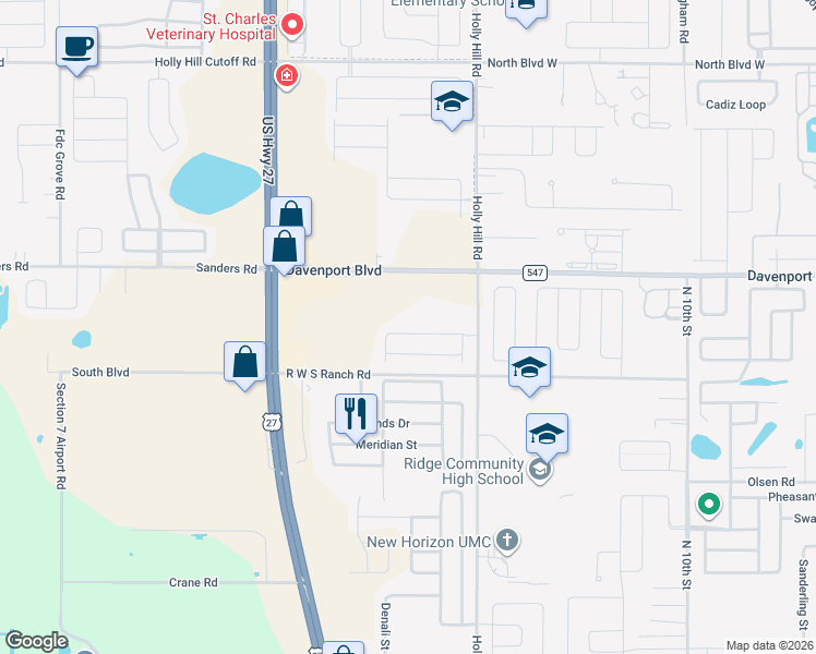 map of restaurants, bars, coffee shops, grocery stores, and more near 128 Ludisia Loop in Davenport