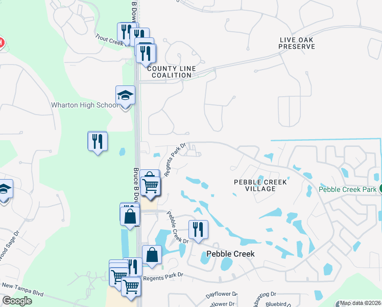 map of restaurants, bars, coffee shops, grocery stores, and more near 18940 Pebble Links Circle in Tampa