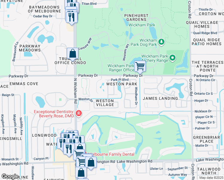 map of restaurants, bars, coffee shops, grocery stores, and more near 2960 Clearlake Drive in Melbourne