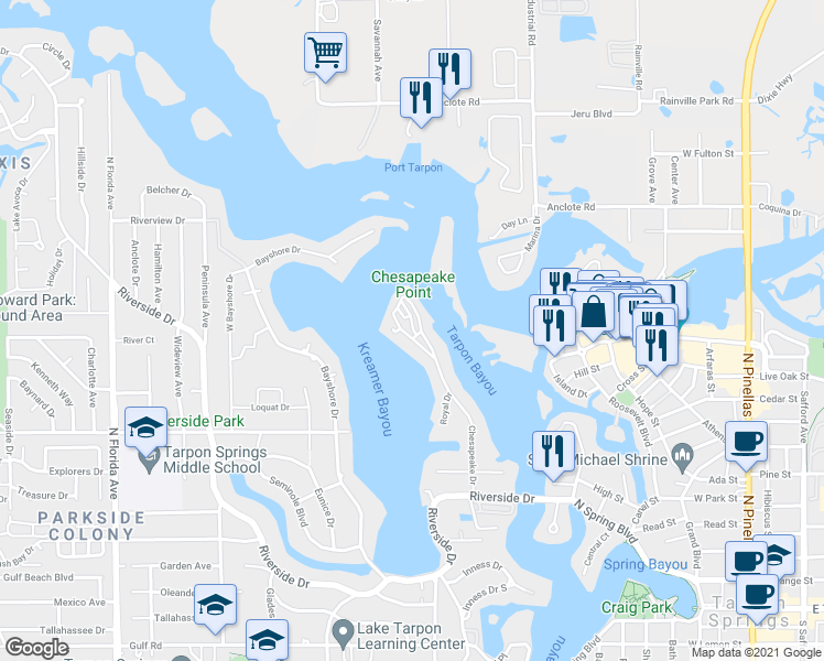 map of restaurants, bars, coffee shops, grocery stores, and more near 35 Chesapeake Point Drive in Tarpon Springs