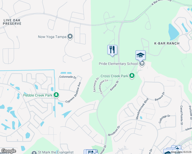 map of restaurants, bars, coffee shops, grocery stores, and more near 18430 Eastwyck Drive in Tampa