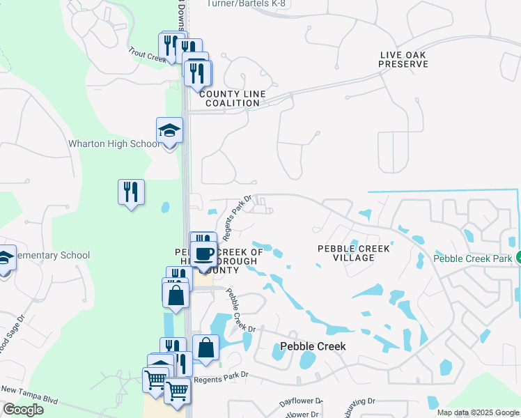 map of restaurants, bars, coffee shops, grocery stores, and more near 18910 Pebble Links Circle in Tampa